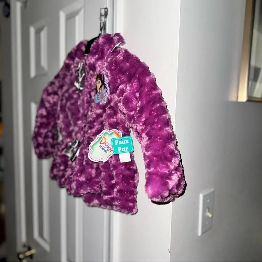 NICKELODEON Dora & Friends Girls 3T Purple Faux Fur Sparkle Jacket Coat Bows NWT